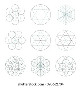 Set of nine symbols of sacred geometry. Linear character illustration for tattoo black and blue lines on the white isolated background