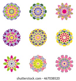 Set of nine symmetrical floral elements. Vector illustration