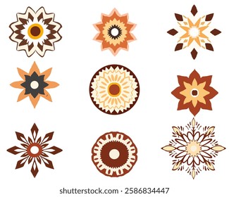 set of nine symmetrical floral ornaments in warm earthy tones, featuring intricate geometric and abstract patterns. Perfect for decoration, textile design, branding, and digital art.