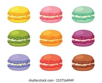 Set of nine tasty macaroons isolated on a white background. Vector set of sweet macaroons cookies in different colors. French macaroons cookies. Vector illustration