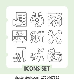 Conjunto de nove ícones de linha fina que representam educação, inovação, ideias, indústria, ferramentas, viagens e conectividade global para projetos de design móvel e da Web