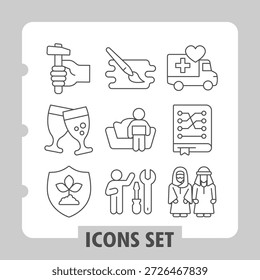 Conjunto de nueve iconos de línea delgada que representan la atención médica, comedor, familia, transporte y actividades para aplicaciones de Web o móviles que mejoran los Elementos de diseño ui ux