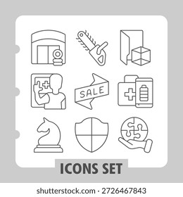 Satz von neun dünnen Linien Symbole, die Einkaufswagen, Verkaufstag, Geldbörse, Kreditkarte und andere Commerce-Tools ideal für Web-und mobile Anwendungen Verbesserung der Benutzerfreundlichkeit