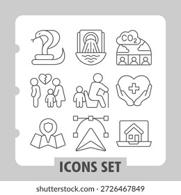 Conjunto de nueve íconos de línea delgada que representan la familia, la salud, la energía, el reciclaje, el hogar y los conceptos de sostenibilidad ideales para Sitios web, App e interfaces de usuario con necesidades estéticas modernas