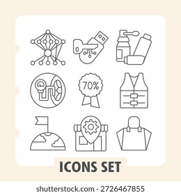Conjunto de nove ícones de linha fina para interfaces digitais, incluindo rede, análise, garrafas, roupas, porcentagem, configurações, ferramentas, trava e sacola de compras para designs