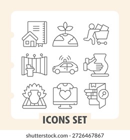 Satz von neun dünnen Linien-Icons, die Heimat-, Familien-, Reise-, Liebes- und Alltagskonzepte darstellen, ideal für Web- und mobile Anwendungen