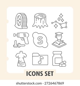 Conjunto de nueve iconos de línea delgada incluyendo neumático, fábrica, molécula, objetivo, dólar, graduación, camiseta, música y tarro para aplicaciones de Web y móviles