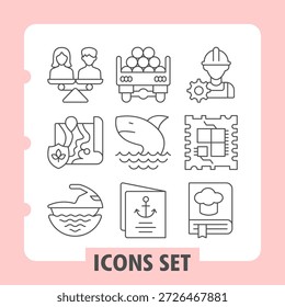 Conjunto de nove ícones de linha fina para interfaces digitais: família, equipe, indústria, viagens, alimentos, transporte, casa, ferramentas e configurações. Design limpo adequado para aplicações web e móveis