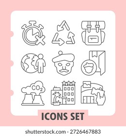 Conjunto de nueve iconos de línea delgada que representan el tiempo, la industria, los viajes, las emociones, la energía, la vida de la ciudad y el medio ambiente para aplicaciones de Web o móviles e interfaces de usuario
