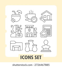 Set of nine thin line icons ideal for web or mobile interfaces, including kitchenware, home, clock, office tools, and storage containers