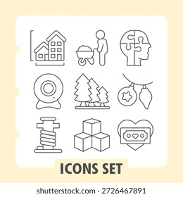 Conjunto de nove ícones de linha fina para interfaces digitais, incluindo casa, família, localização, feriado, presente e temas de amor, ideal para web e projetos de design móvel