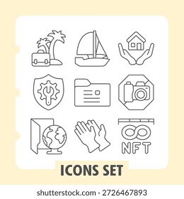 Set of nine thin line icons featuring travel, home, security, camera, NFT, and global themes. Perfect for digital platforms, apps, and user interfaces requiring sleek, scalable visuals