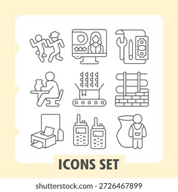 Conjunto de nueve íconos de línea delgada que representan actividades, dispositivos y herramientas comunes para proyectos de diseño de Web o móviles, mejorando la experiencia del usuario con claridad y estilo