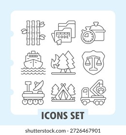 Set of nine thin line icons for digital interfaces, representing coding, time, law, energy, transport, finance, analytics, shipping, and cloud technology concepts