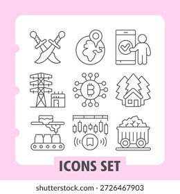 Conjunto de nove ícones de linha fina que representam tecnologia, rede, conectividade global e elementos industriais ideais para aplicativos móveis ou da Web