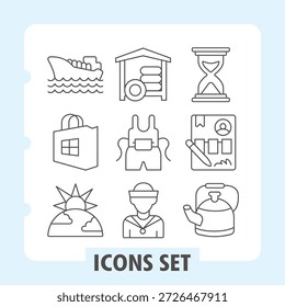 Set of nine thin line icons for digital interfaces, including padlock, house, hourglass, user, storage, kettle, sun, and travel elements, ideal for web and mobile design projects