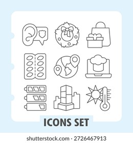Set of nine thin line icons depicting common items like keys, gift, bag, and tools for web or mobile UI design, enhancing visual communication