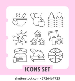 Satz von neun dünnen Linien-Icons, die Kochen, Familie, Sparen, Zuhause, Fotografie, Wissenschaft und Netzwerkkonzepte für Web- oder Mobile-Design-Projekte darstellen