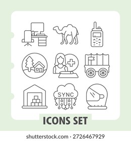 Set of nine thin line icons depicting office, home, health, communication, transport, and connectivity for web or mobile UI design use
