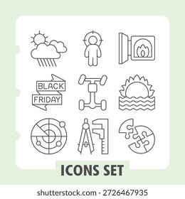 Conjunto de nove ícones de linha fina que representam compras, tempo, vendas e atividades para interfaces móveis e da Web. Ideal para comércio e promoções de eventos