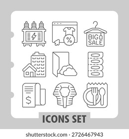 Satz von neun dünnen Linien-Symbole, die Warenkorb, Rabatt, Verkauf, Haus, Cloud, Dokument, Investition, Benutzerprofil und Einstellungen für Web- und App-Schnittstellen darstellen
