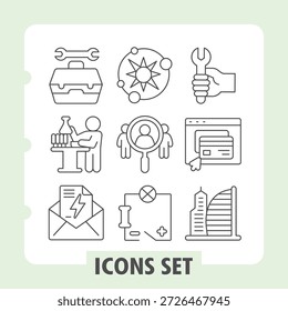 Conjunto de nueve iconos de líneas delgadas que representan la tecnología, la comunicación y los conceptos urbanos ideales para interfaces de Web o móviles y proyectos de diseño digital