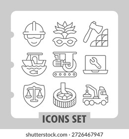 Set of nine thin line icons representing various professional and industrial concepts, ideal for web or mobile interfaces and digital projects