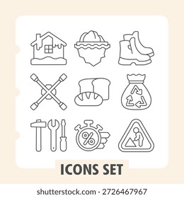 Set of nine thin line icons including home, shopping, tools, and safety for web or mobile UI design projects and digital applications