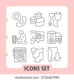 Conjunto de nueve iconos de línea delgada que representan el matrimonio, la familia, el divorcio, la protección y los conceptos legales en un fondo blanco limpio adecuado para interfaces digitales y el diseño de la experiencia del usuario