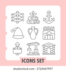 Set of nine thin line icons designed for web and mobile applications, including network, anchor, database, server, and tool elements for UI design