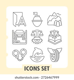 Conjunto de nove ícones de linha fina, incluindo carro, lei, clima e muito mais para web ou design de interface de usuário móvel. Gráficos vetoriais limpos, escaláveis e versáteis