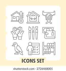 Satz von neun dünnen Linien Symbole, die Haus, Temperatur, Besteck, Werkzeuge, Checkliste, Familie, Vogel und Wäsche für digitale Schnittstellen