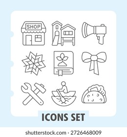 Conjunto de nove ícones de linha fina representando compras, casa, anúncio, configurações, suporte, arco, talheres, culinária e perfil para a Web e interfaces móveis