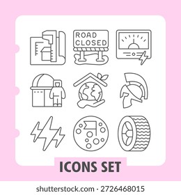Satz von neun dünnen Linien-Icons, die Straßensperrung, Umweg, Parken, Kraftstoff, Haus, Navigation, Wetter, Geschwindigkeitsbegrenzung und Reifen für Web- oder mobile Schnittstellen in Reise- und Transport-Apps darstellen