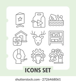 Set von neun dünnen Linie Icons ideal für Websites und mobile Apps, die Reise-Camping Auszeichnungen Navigation Home Hirsch Puzzle-Tools und Krone Konzepte