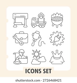Conjunto de nueve iconos de línea delgada que representan herramientas industriales, maquinaria y conceptos de seguridad ideales para aplicaciones de Web o móviles