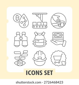 Conjunto de nueve iconos de línea delgada que representan conceptos digitales y cotidianos comunes, ideal para aplicaciones de Web y móviles