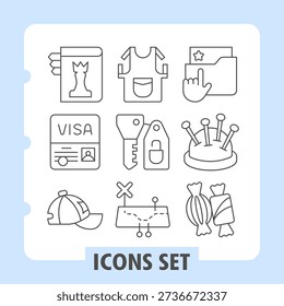 Set of nine thin line icons depicting education, documents, clothing, finance, travel and shopping concepts. Ideal for web design, presentations and print on white background