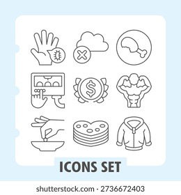 Set of nine thin line icons depicting hygiene, conveyor, culinary, communication, finance, food and lifestyle concepts. Ideal for web design, presentations and print on white background