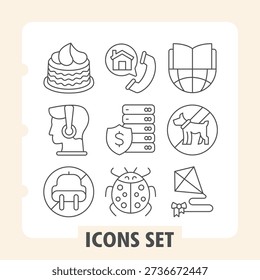 Set of nine thin line icons depicting sweets, music, finance, travel, food, home and lifestyle concepts. Ideal for web design, presentations and print on white background