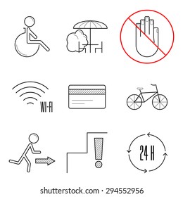 Set of nine thin line icons and bans for restaurants.