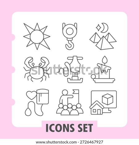 Set of nine thin line icons showcasing sun, lab tools, home, family, and more. Designed for seamless integration in web and mobile applications with modern aesthetics