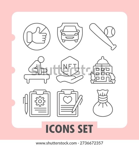 Set of nine thin line icons representing prohibition, feedback, sports, driving safety, nft and real estate concepts. Ideal for web design, presentations and print on white background