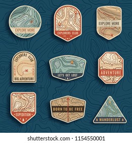 Set of nine topographic map travel emblems. Outdoor adventure emblems, badges and logo patches. Forest camp labels in vintage style. Map pattern with mountain texture and grid - Shutterstock ID 1154550001