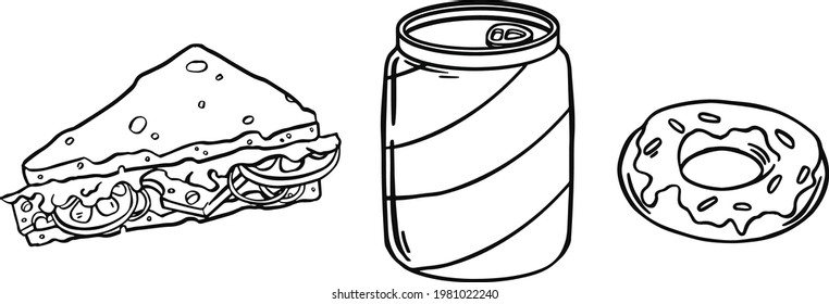 Set of nine transparent, black and white fast food icons. Vector illustration