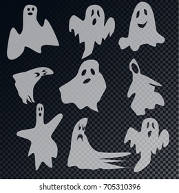 A set of nine transparent ghosts on a transparent background. Halloween