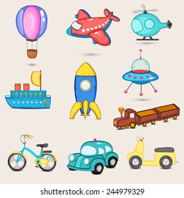 Set of nine transport toys with parachute, airplane, helicopter, ship, missile, space craft, train, bicycle, car and scooter for little kids.