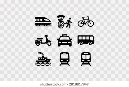 Set of nine transportation icons including highspeed train, rickshaw, bicycle, scooter, taxi, bus, ship, and front view of trains