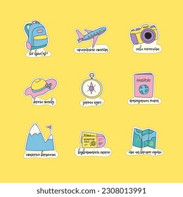 A set of nine travel-themed stickers with inscriptions in Russian. Come back soon, take care of your head, conquer the peaks, seize the moments, citizen of the world, keep the course