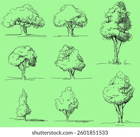 Set of nine trees with black outline on light background, vector